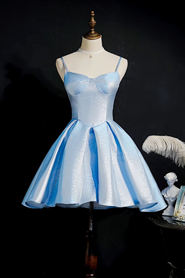 Simple Light Blue Lace Up Back Spaghetti Straps Short Homecoming Dresses,Formal Dresses Baby Blue Dress Short, Baby Blue Short Dress, Blue Graduation Dress, Light Blue Short Dress, Blue Dresses Short, Boned Dress, Cinderella Quinceanera Themes, Cinderella Quinceanera, Short Blue Dress