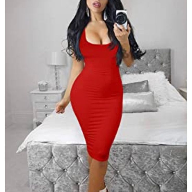 Wore Once Medium Casual Red Midi Dress For Party, Casual Red Midi Dress For Night Out, Red Casual Midi Dress For Night Out, Red Bodycon Dress For Spring, Casual Red Midi Bodycon Dress, Red Casual Midi Dress For Evening, Red Midi Dress For Night Out In Spring, Spring Red Dress For Going Out, Red Dress For Going Out In Spring