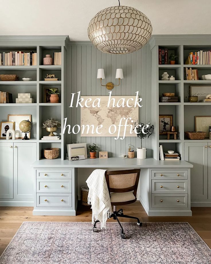 a home office with built - in bookcases and an area rug