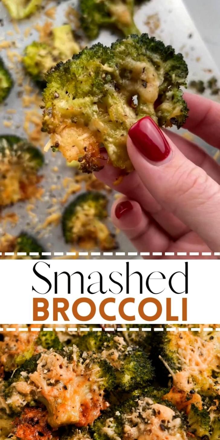 a close up of broccoli on a pan with the words smashed broccoli