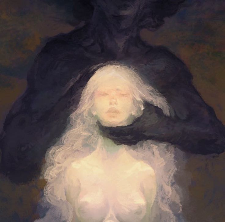 a painting of a woman with long white hair standing next to a large black object