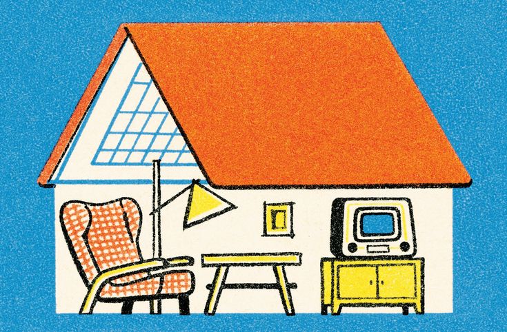 a drawing of a house with a desk and chair in front of it, next to a television