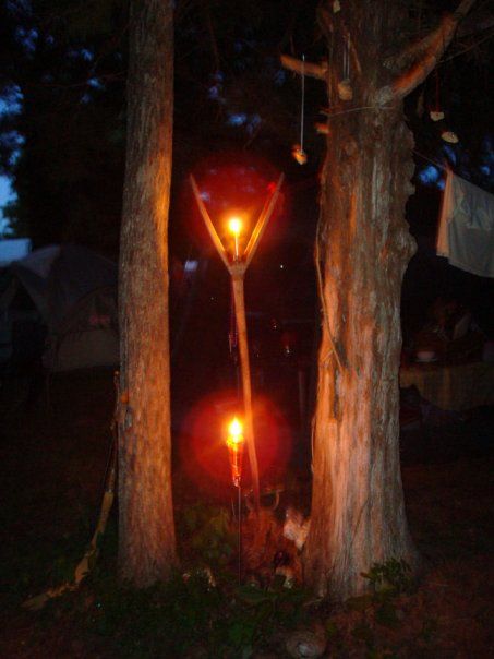 a candle is lit between two trees in the dark