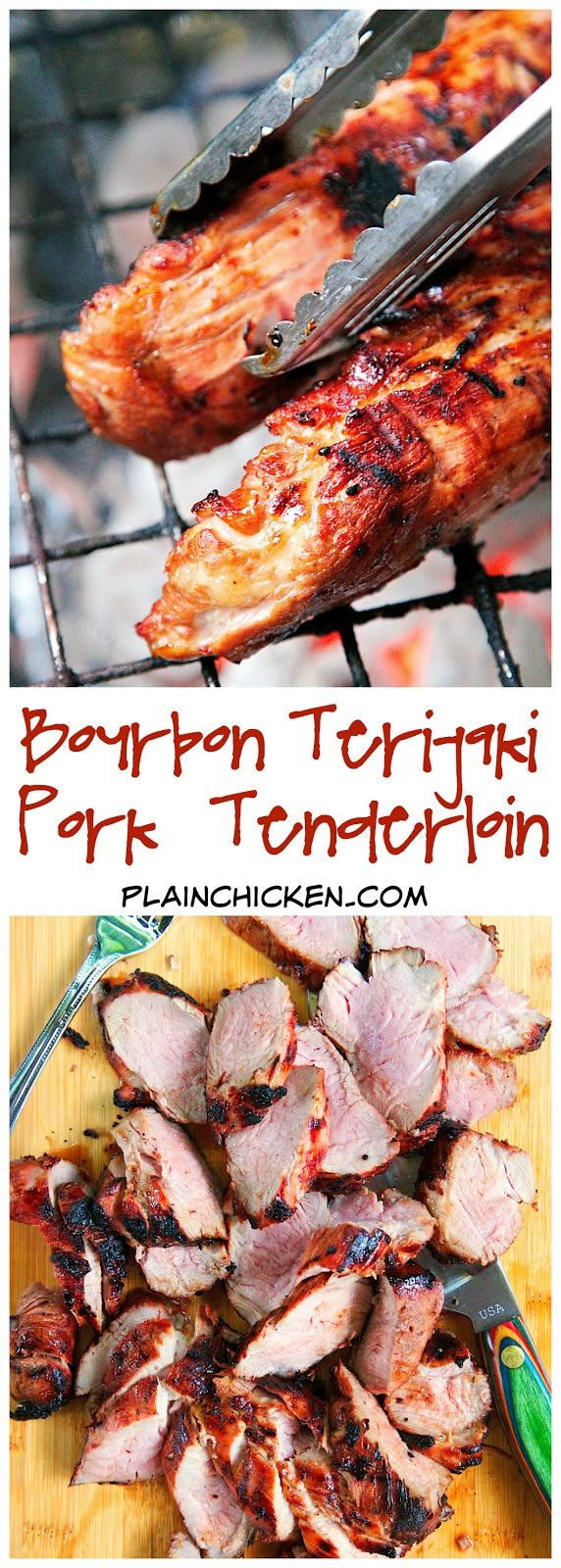 pork tenderies are being cooked on the grill and then grilled with tongs