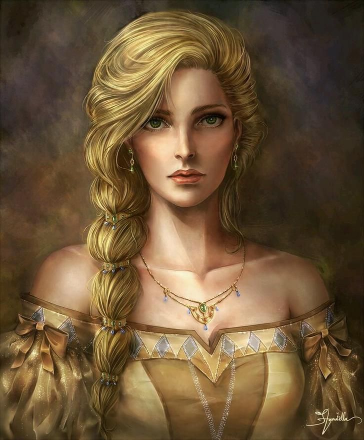 a digital painting of a woman with long blonde hair and braids wearing a dress