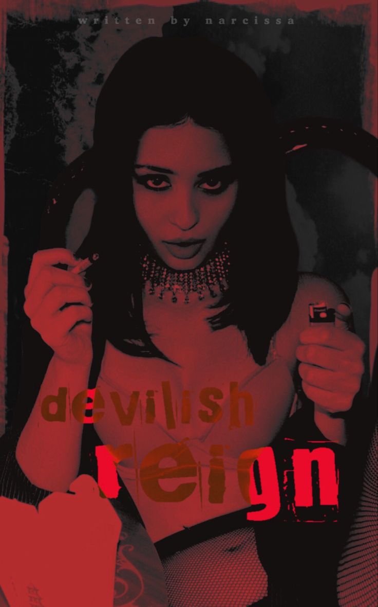 a woman holding a cell phone in front of her face with the words devilish reign on it