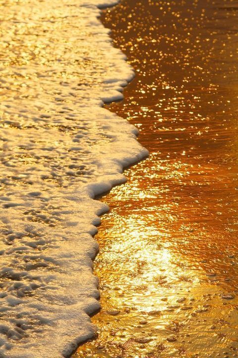 the sun shines on the water and reflects in the wet sand at the beach