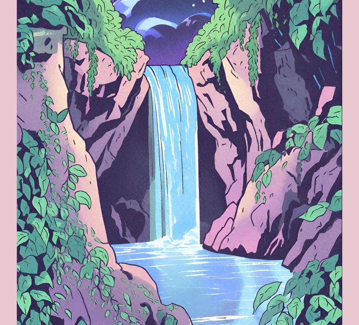 a painting of a waterfall surrounded by trees