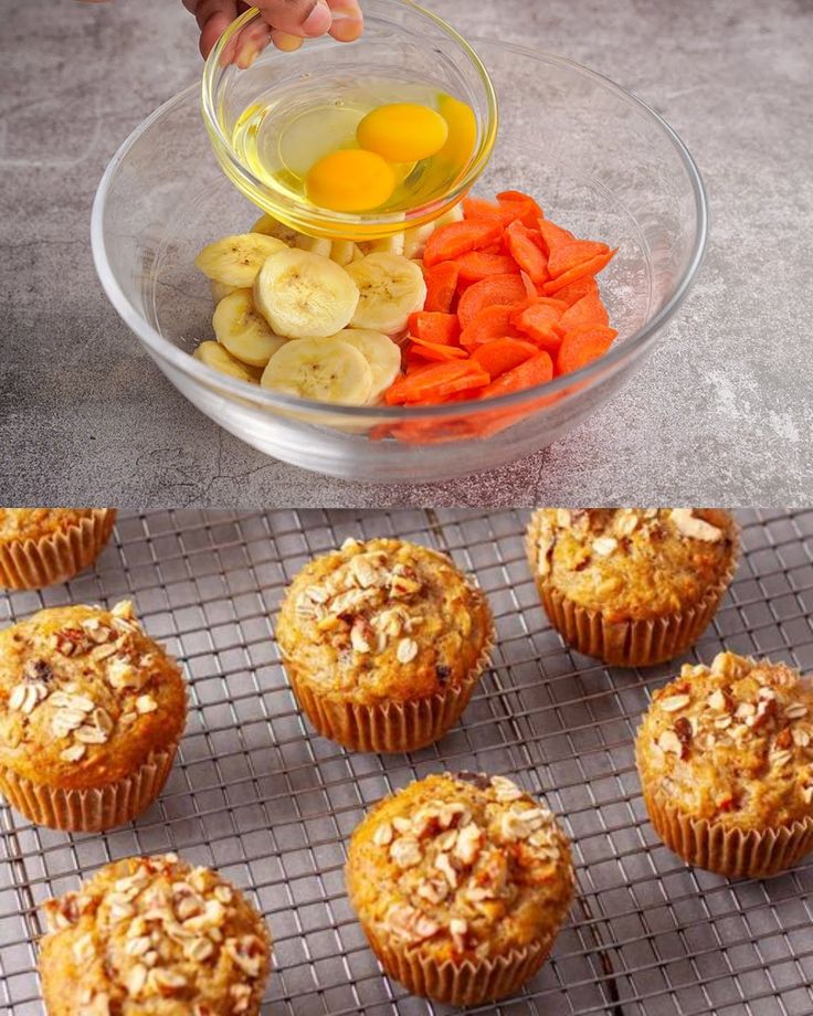 muffins cooling on a wire rack with carrots and bananas