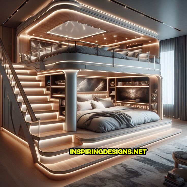 a bedroom with stairs leading up to the bed and lights on the wall above it