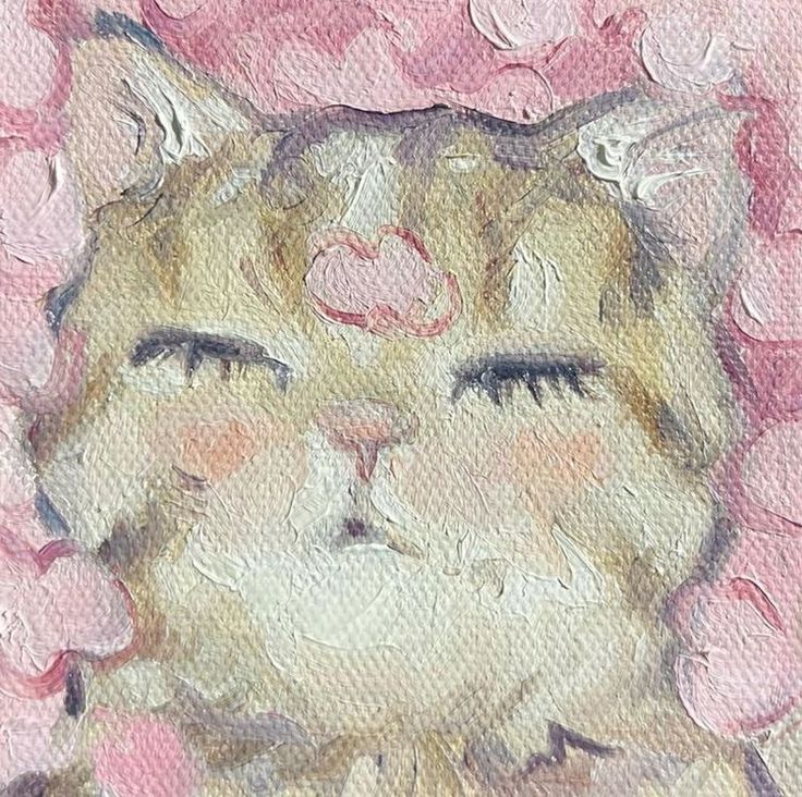 a painting of a cat with pink flowers on its head