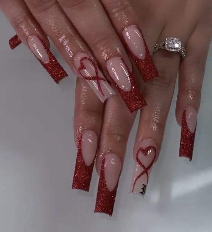 Valentine's Red Nails, Long Vday Nails, Valentines Day Nails Mid Length, Prom Baddie Nails, Latina Valentines Nails, Red Nail Prom Ideas, Xoxo Nail Art, Red Nails With Initials On Them, Valentines Nail Set With Initial