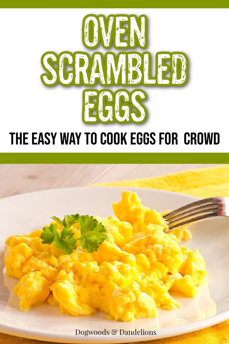 an egg dish on a plate with the title over scrambled eggs, the easy way to cook eggs for crowd