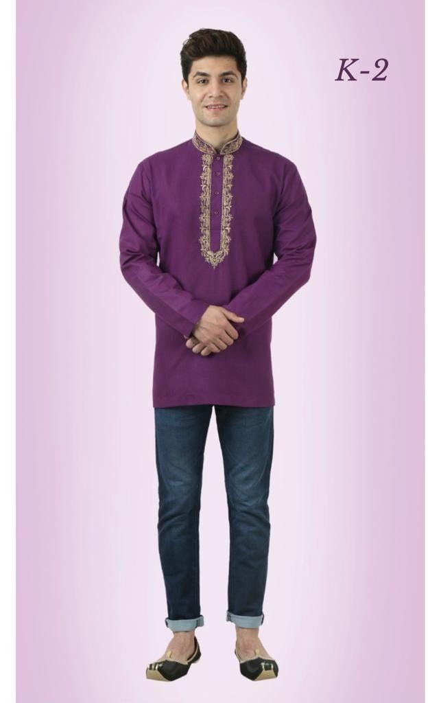 Men's Designer Embroidered Short Kurta. These kurta have elegant embroidery on the neck which gives a very rich look. Available  in different sizes. Details :-Embroidery on Neck Type : Ready To Wear Fabric : Cotton Ceremonial Long Sleeve Churidar With Embroidered Border, Ceremonial Churidar With Embroidered Border And Long Sleeves, Festive Kurta With Embroidered Border And Traditional Fit, Embroidered Purple Kurta With Traditional Drape, Designer Purple Kurta With Embroidered Border, Designer Purple Embroidered Kurta, Purple Embroidered Long Sleeve Churidar, Embroidered Purple Kurta For Transitional Season, Bollywood Style Embroidered Kurta With Traditional Fit