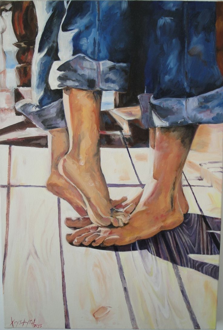 a painting of two people standing next to each other on a tile floor with their feet touching the ground