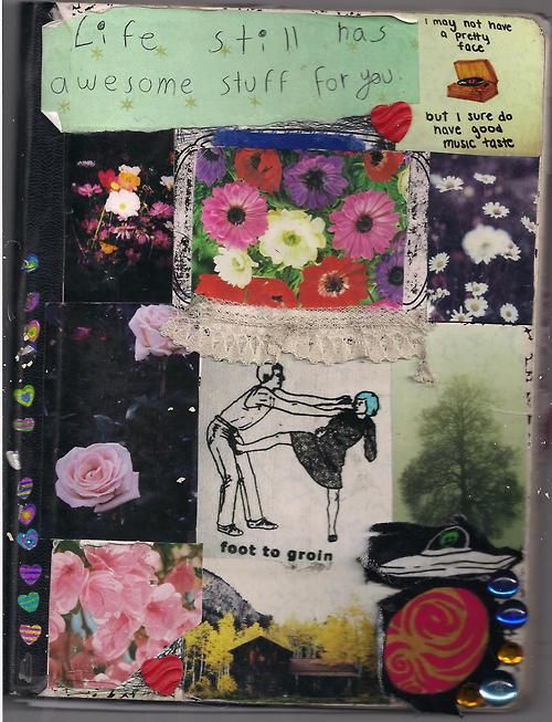 altered collage with flowers and words on it's back side, including an image of a woman