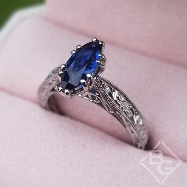 Kirk Kara "Stella" Marquise Cut Blue Sapphire Engraved Engagement Ring – Ben Garelick Engagement Ring Silver Band, Sapphire Engagement Ring Silver, Kirk Kara Engagement Rings, Engagement Ring Silver, Black Friday Jewelry, Engraved Engagement Ring, Classic Engagement Ring, Future Engagement Rings, Gemstone Earrings Gold