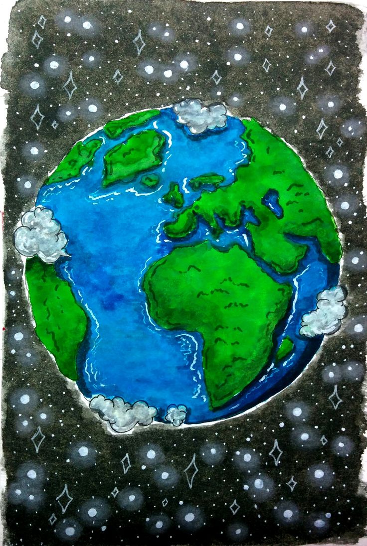 a drawing of the earth with clouds and stars around it