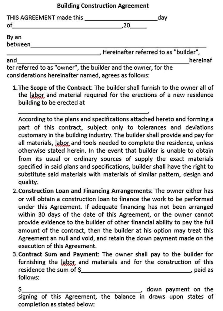 a building construction agreement is shown in this image, it shows the form of an agreement for