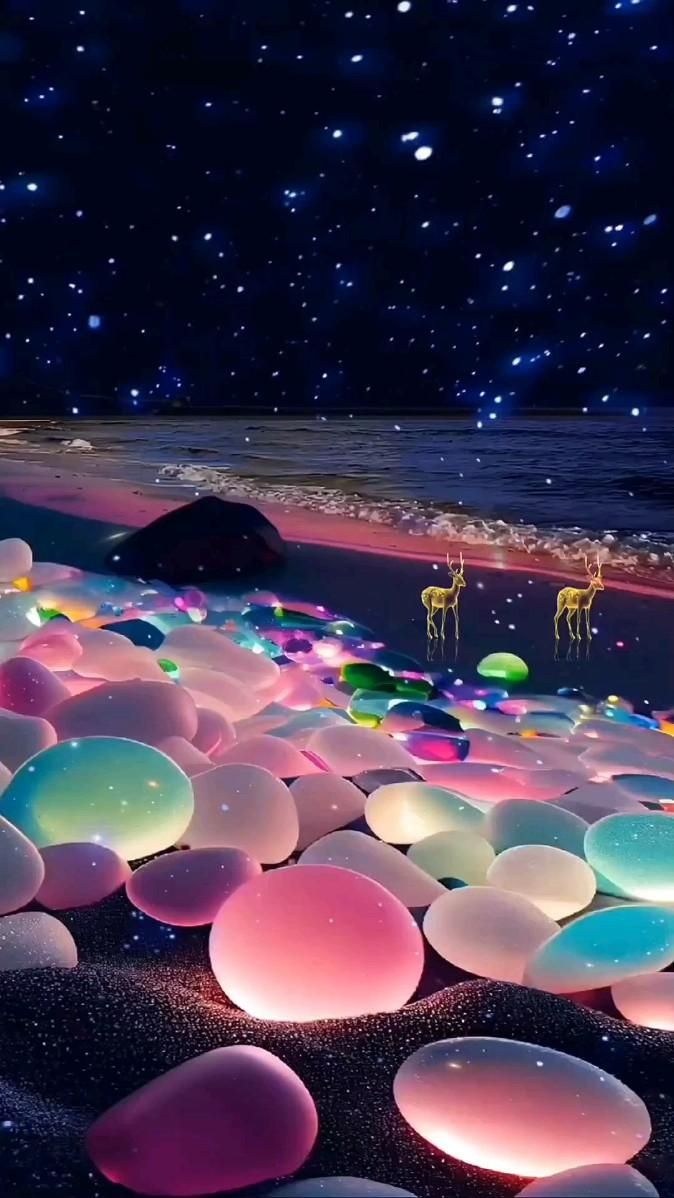 the beach is covered with glowing pebbles and jellyfishs in the water at night