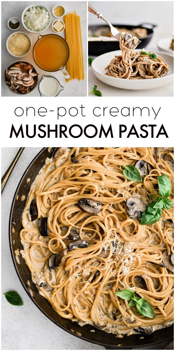 one - pot creamy mushroom pasta in a skillet with basil, mushrooms and parmesan cheese