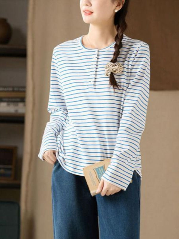 Styles:	Casual
Material:	100% Cotton
Clothing Length:	Regular
Sleeve Length:	Long Sleeve
Collar:	Round Neck
Decoration:	Button
Pattern:	Striped
Season:	Spring/Fall

#tshirt #ree #blue #stripes