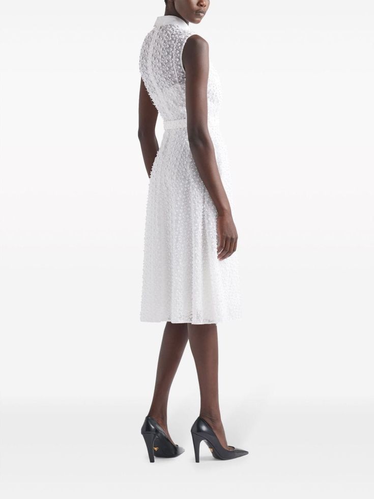 Prada Superposé Sleeveless Midi Dress - Farfetch Bohemian Wedding Guest, Prada Dress, Midi Dress White, Cotton Texture, City Dress, Sleeveless Midi Dress, Dress With Belt, Triangle Logo, Summer Beach Wear