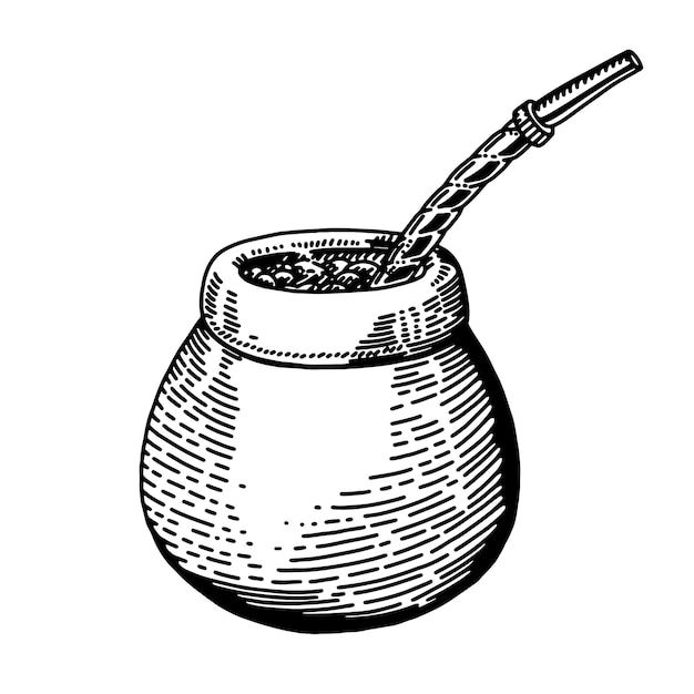 a jar filled with liquid and a spoon in it, vintage line drawing or engraving illustration