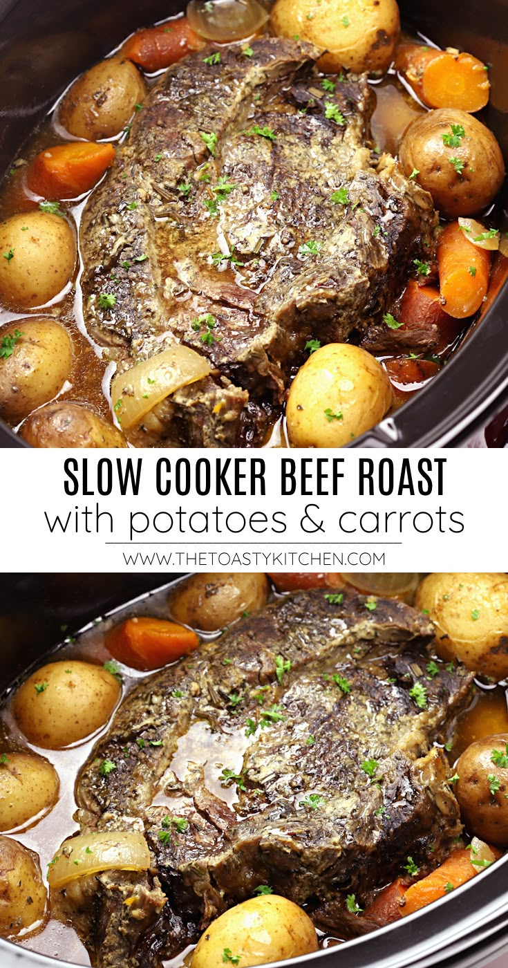 slow cooker beef roast with potatoes and carrots in the crock pot is ready to be eaten