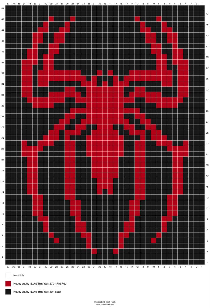 a cross stitch pattern with a red spider on it's chest and black background