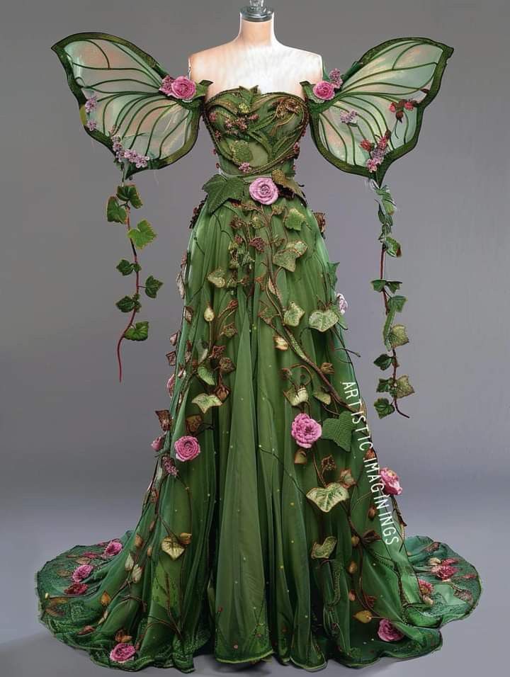 Fairy Inspired Outfit Aesthetic, Fae Ball Dress, Nature Themed Dress, Green Fantasy Gown, Butterfly Dress Gowns, Fairy Dresses Aesthetic, Fantasy Aesthetic Outfits, Fantasy Costume Ideas, Enchanted Forest Gown