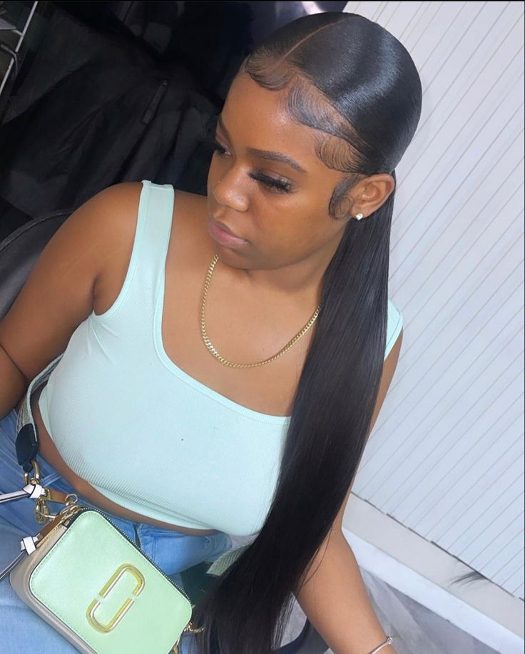 Ponytail Middle Part Black Women, Sleek Side Part Ponytail Weave, Slick Back Ponytail Weave Straight, Part Down The Middle Ponytail, Middle Parting Ponytail, Low Ponytail Hairstyles For Black Women Weave Middle Part, Ponytail Middle Part, Ponytail Hairstyles Middle Part, Low Middle Part Ponytail