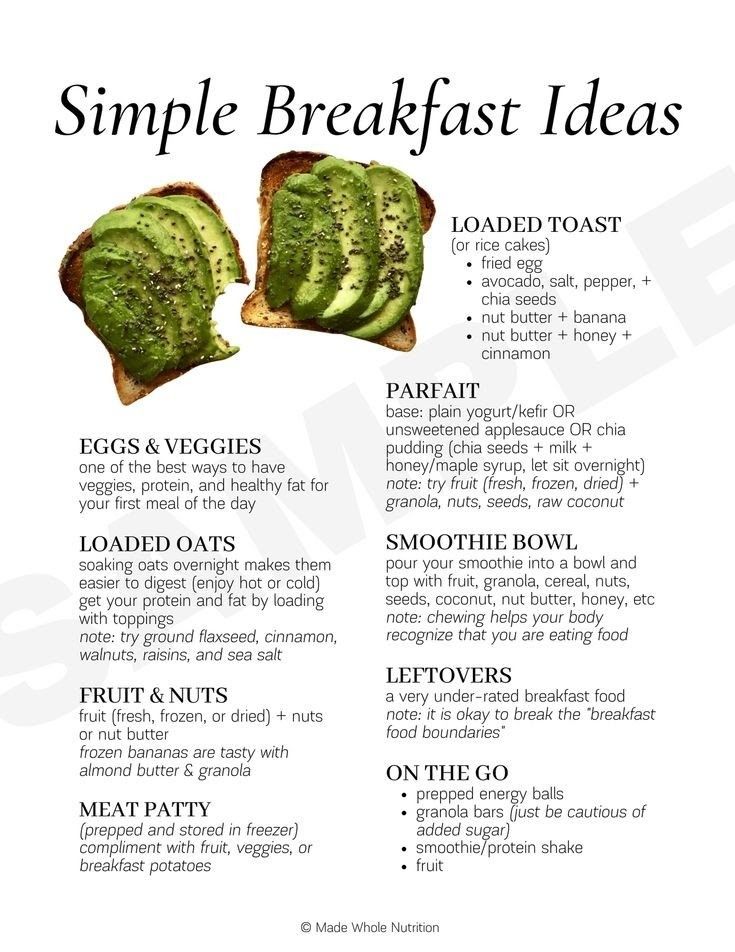 a recipe for toasted bread with avocado on top and the words simple breakfast ideas