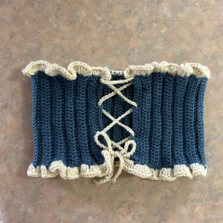 Cute navy/ivory crochet corset top Corset Pattern Crochet, Crochet A Corset Top, Crochet Corset Back, Knitted Corset Top, Free Crochet Corset Patterns, Crochet Tulip Corset, Crochet Top Corset, Crochet A Corset, Crochet Corsets