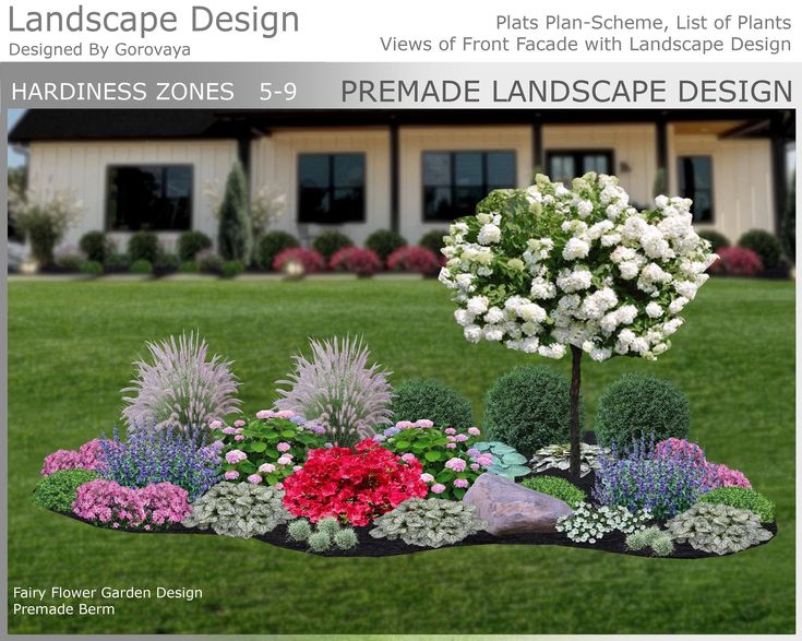 an advertisement for landscape design with flowers and shrubs in front of a house on the lawn