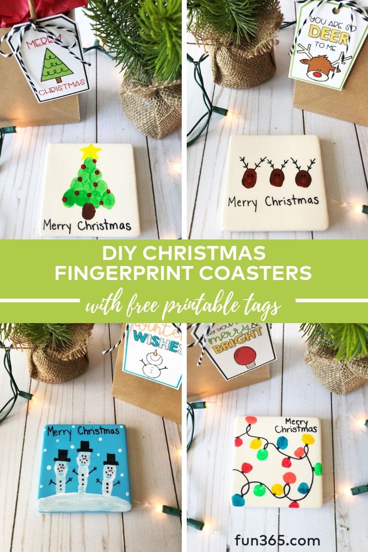 christmas fingerprint coasters with free printable tags for kids and adults to make