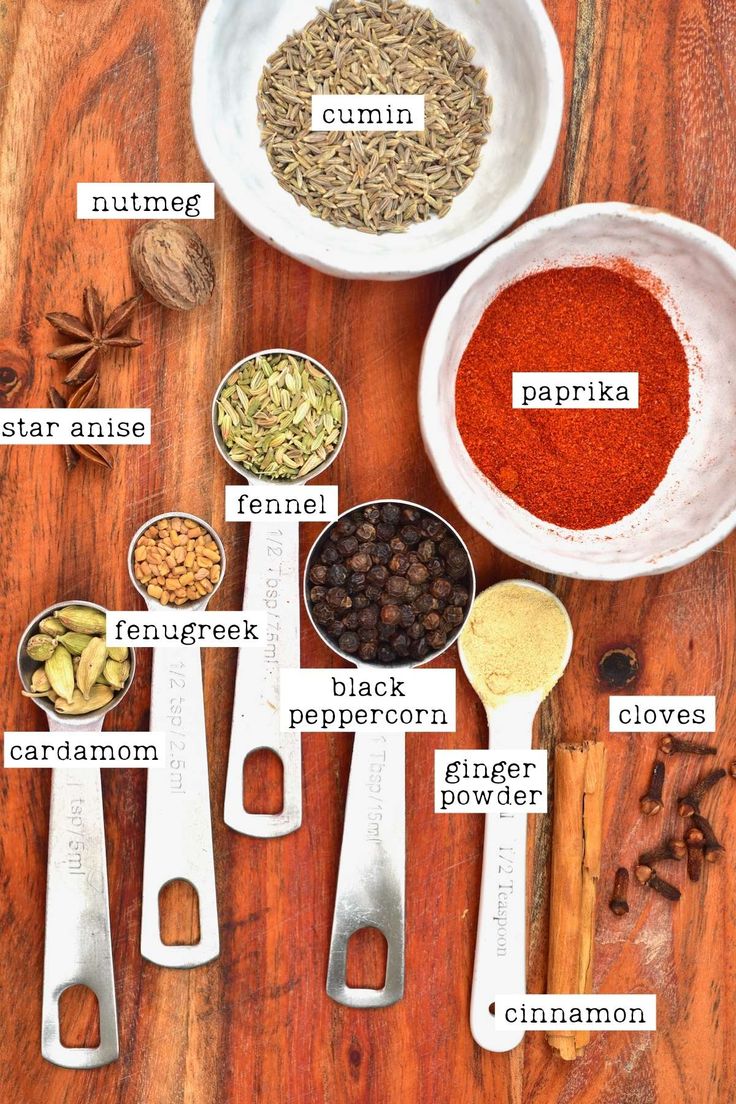 spices and seasonings are arranged in bowls on a wooden table with labels describing the ingredients