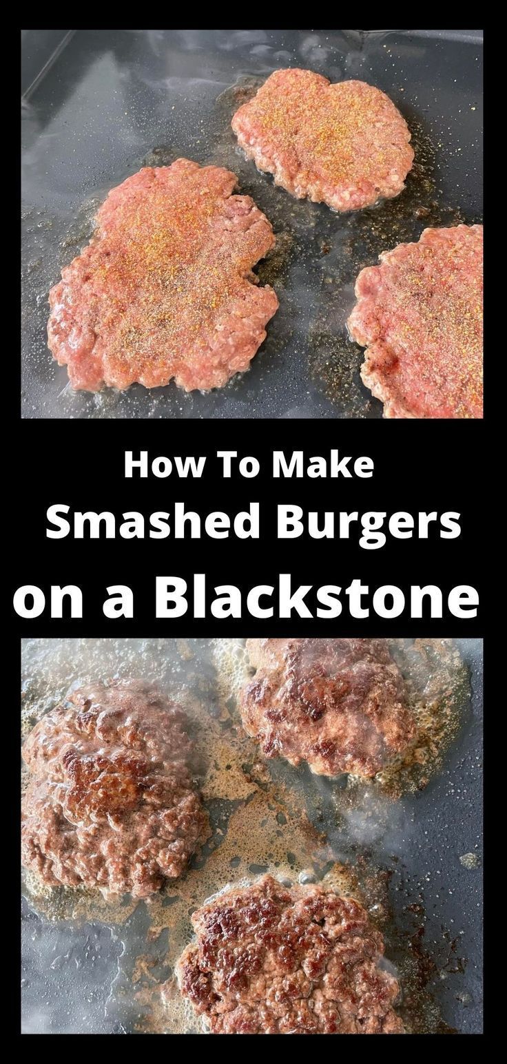 hamburger patties are being cooked on a grill with the words how to make smashed burgers on a blackstone