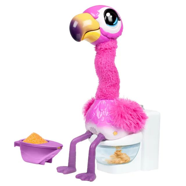 a pink bird sitting on top of a toilet next to a bowl with food in it