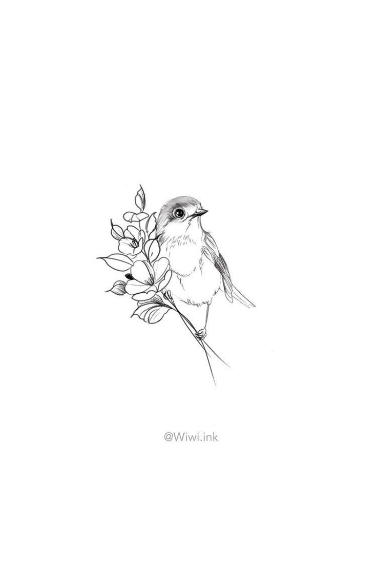 a black and white drawing of a bird sitting on a branch with leaves in its beak