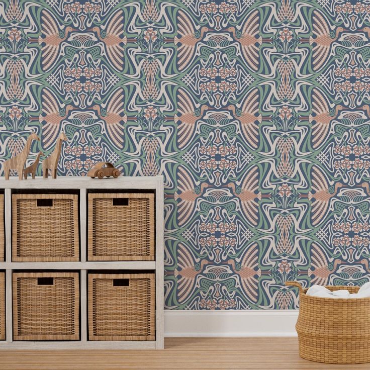 the wallpaper in this room is designed to look like an art deco style pattern