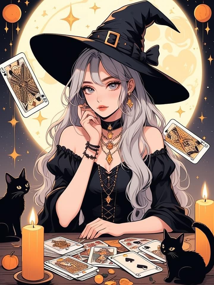 a woman sitting at a table in front of a black cat with cards and candles