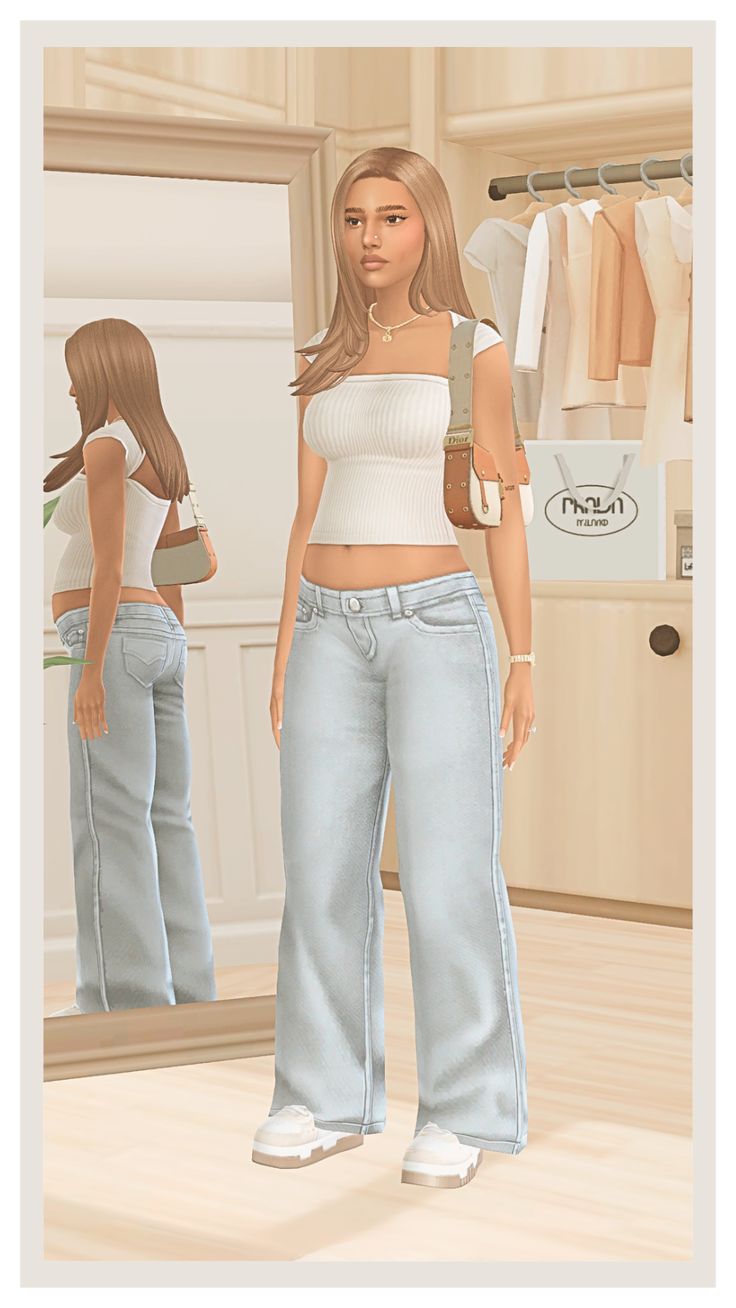 a woman standing in front of a mirror wearing blue jeans and a white crop top