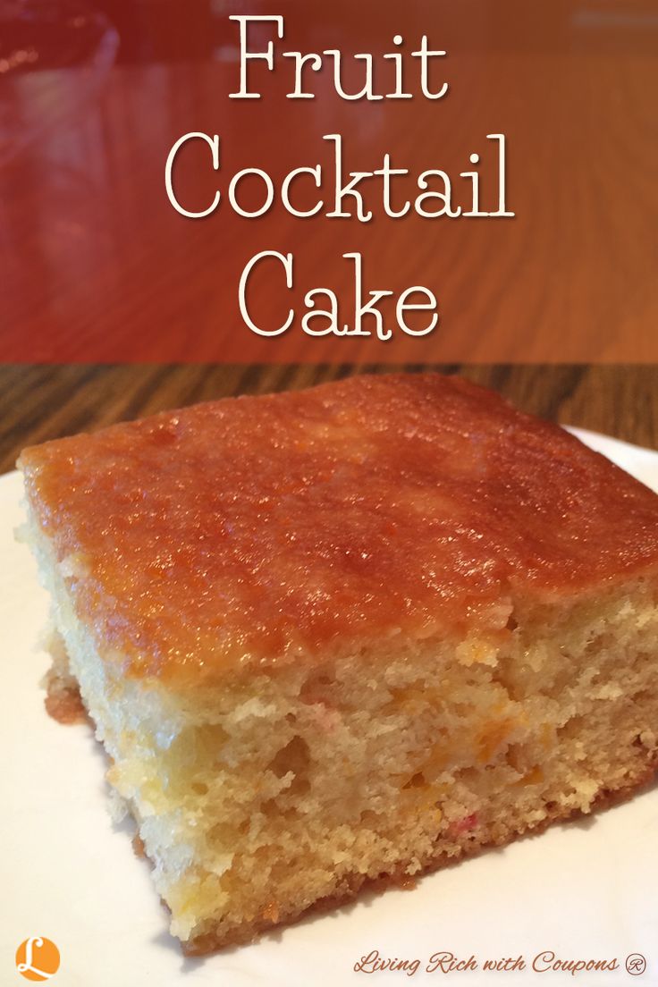 a piece of fruit cocktail cake on a white plate with the words, fresh fruit cocktail cake