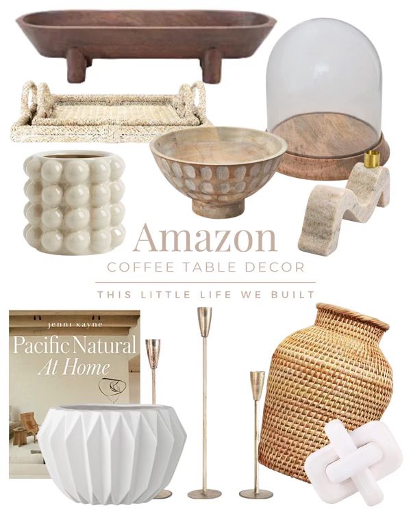 an assortment of items that include vases, candles and other decorative items with the words amazon coffee table decor this little life is built