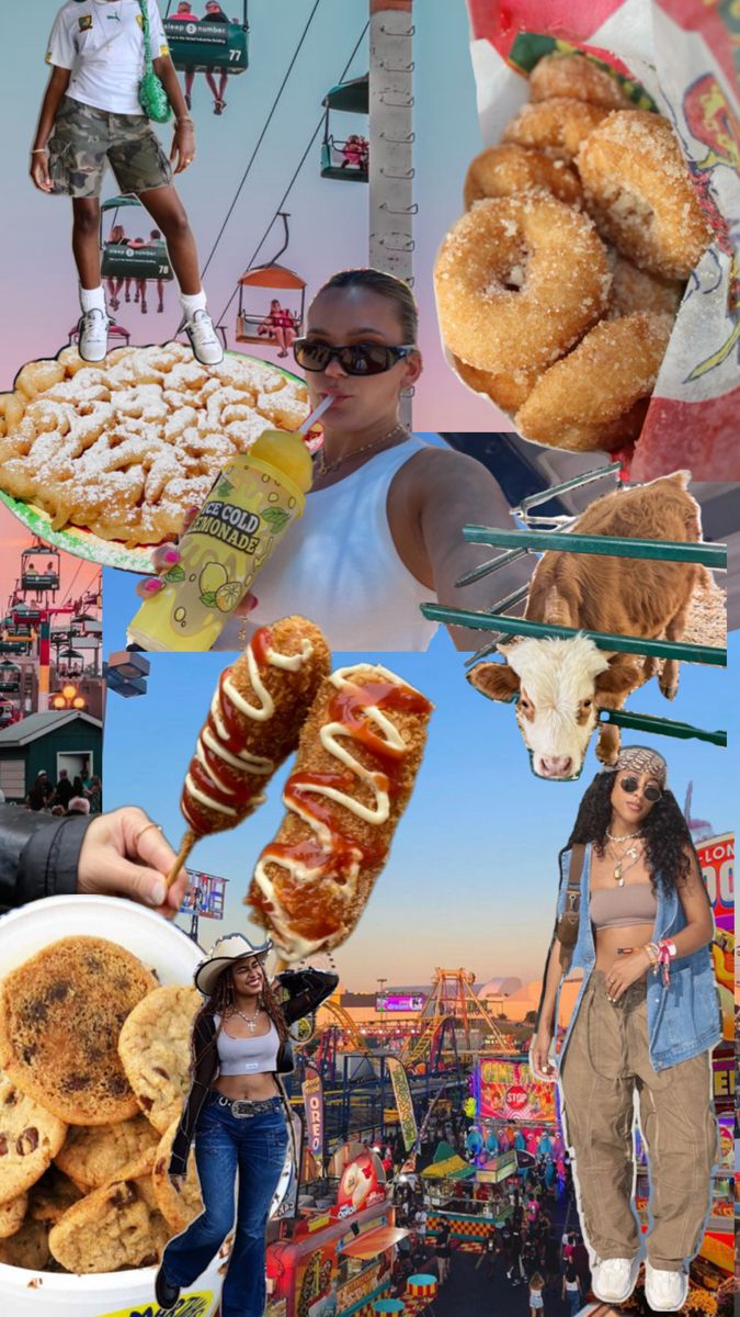 collage of photos with people and food in the foreground, including doughnuts