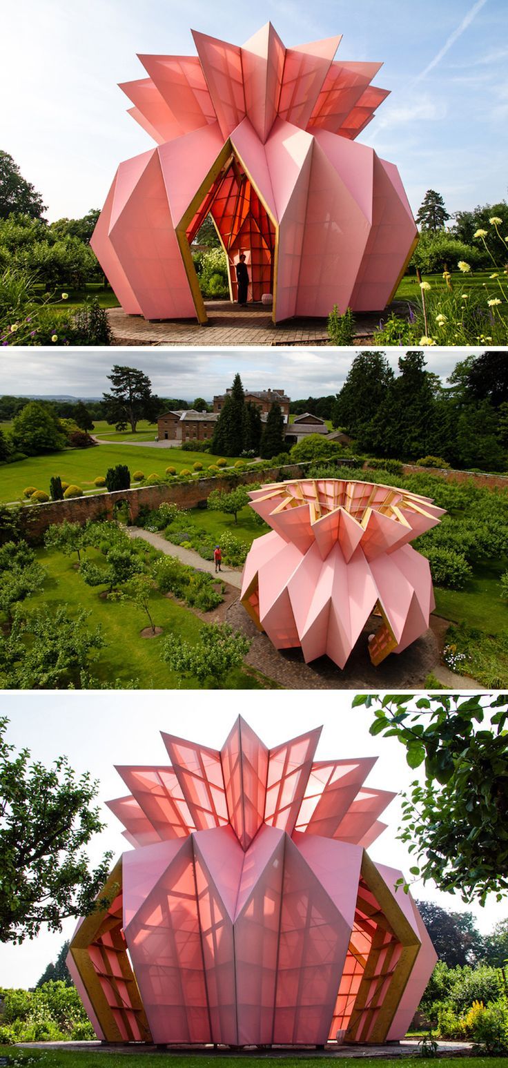 three different views of a building in the middle of a field with trees and grass