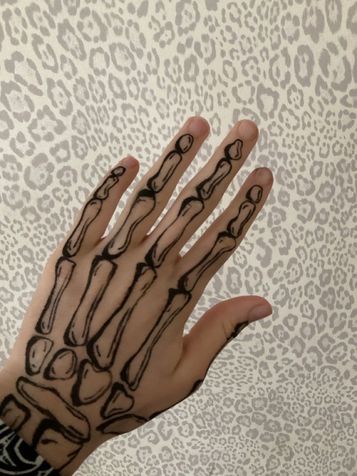 a person's hand with black ink on it and an animal print wallpaper