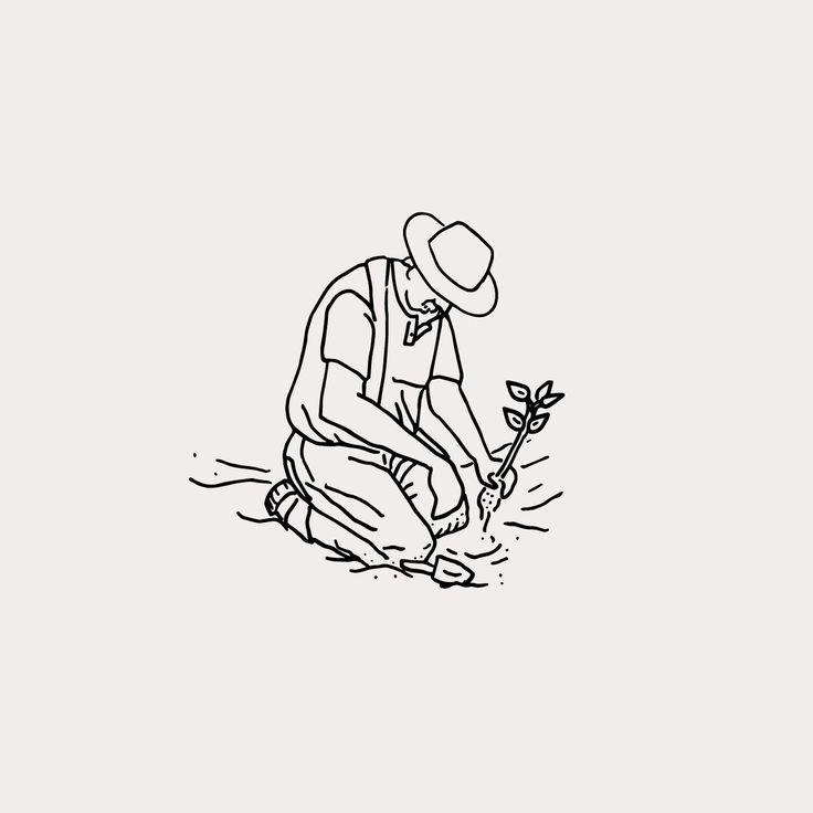 a drawing of a man kneeling down and holding a flower in one hand, with the other hand on his knee