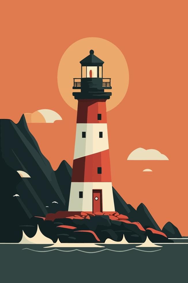 Lighthouse on the rocks. Vector illustration in flat cartoon style. Illustration Design Graphique, Illustration Tutorial, 동화 삽화, Illustrator Design Tutorial, Hur Man Målar, Art Et Illustration, Vector Art Illustration, On The Rocks, Light House